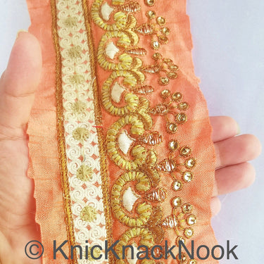 Salmon Pink Art Silk Fabric Trim With Gold Zari Embroidery and Gold Sequins, Trim By The Yard,